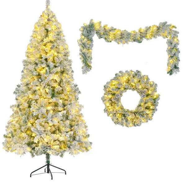 6FT Snow Flocked Christmas Tree Pre Lit Set With Tree Garland Wreath,Artificial Hinged Xmas Tree With Colorful LED Lights8 Lighting Modes, Pine Cones