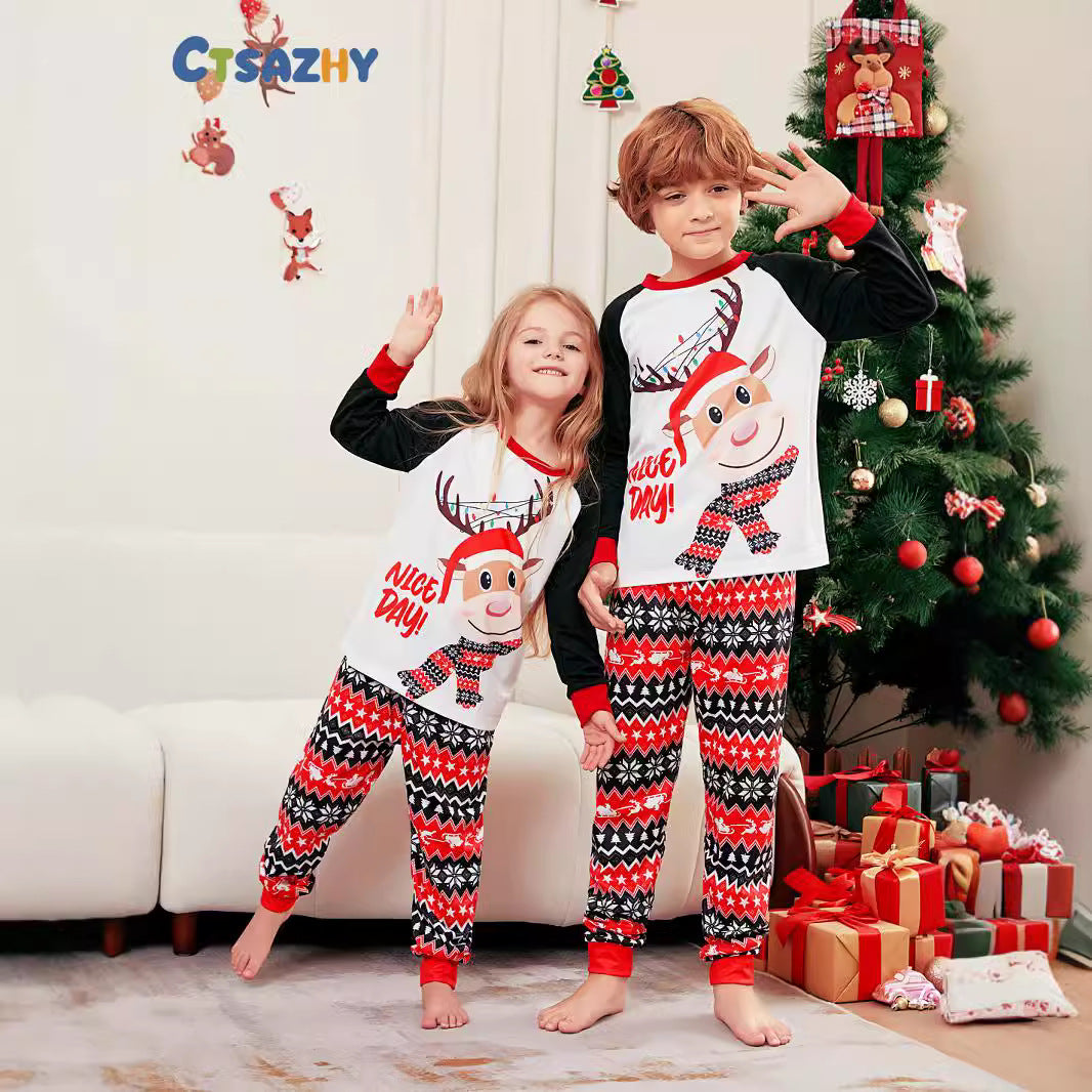 2024 Europe And The United States Cross-border New Christmas Fawn Letter Striped Christmas Parent-child Printed Home Clothes Pajamas