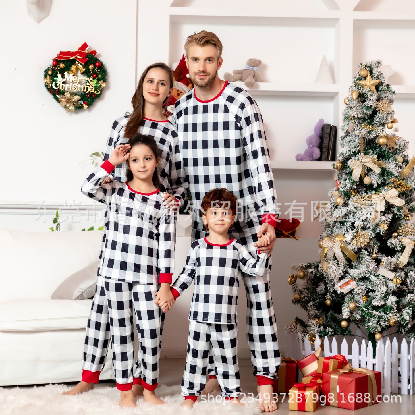 New Family Christmas Parent-child Pajamas Plaid White Family Four Seasons Style Home Clothes