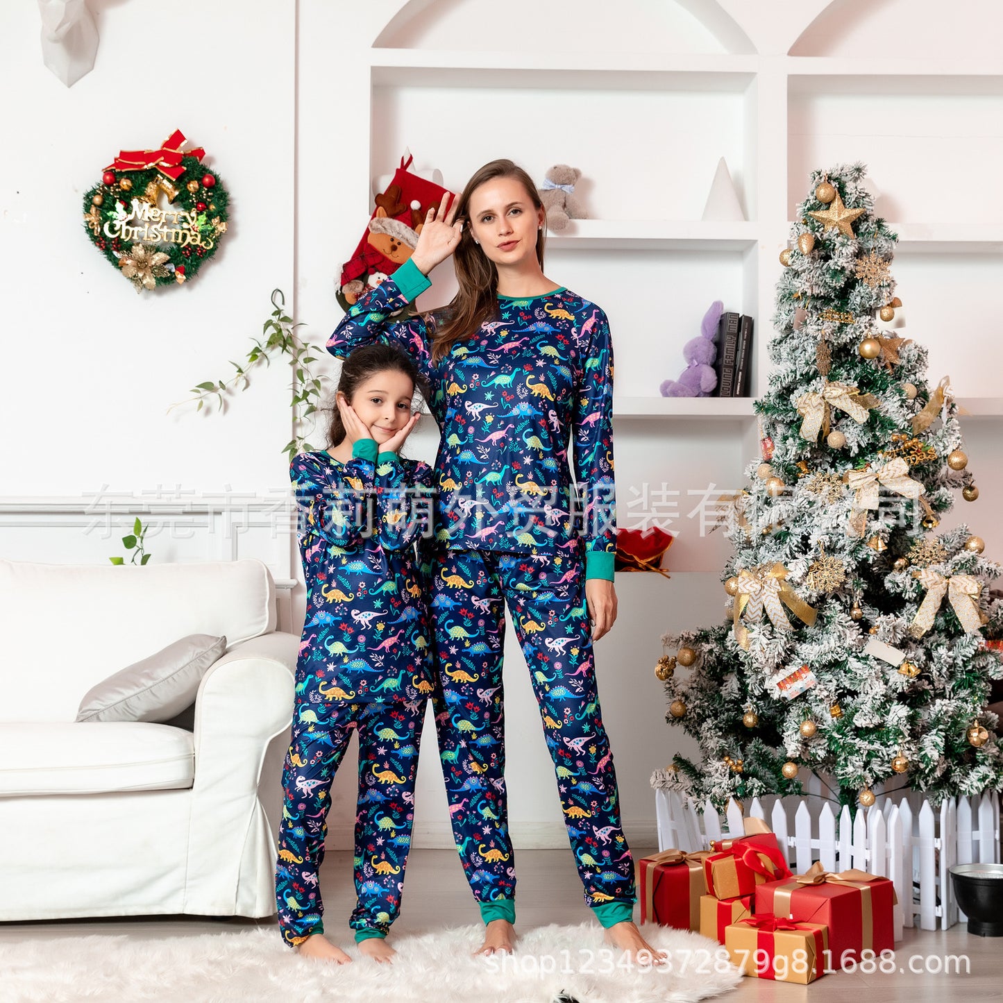 European And American New Parent-child Christmas Suits Parent-child Home Clothes Cartoon Dinosaur Printing Family Of Four Christmas Clothes