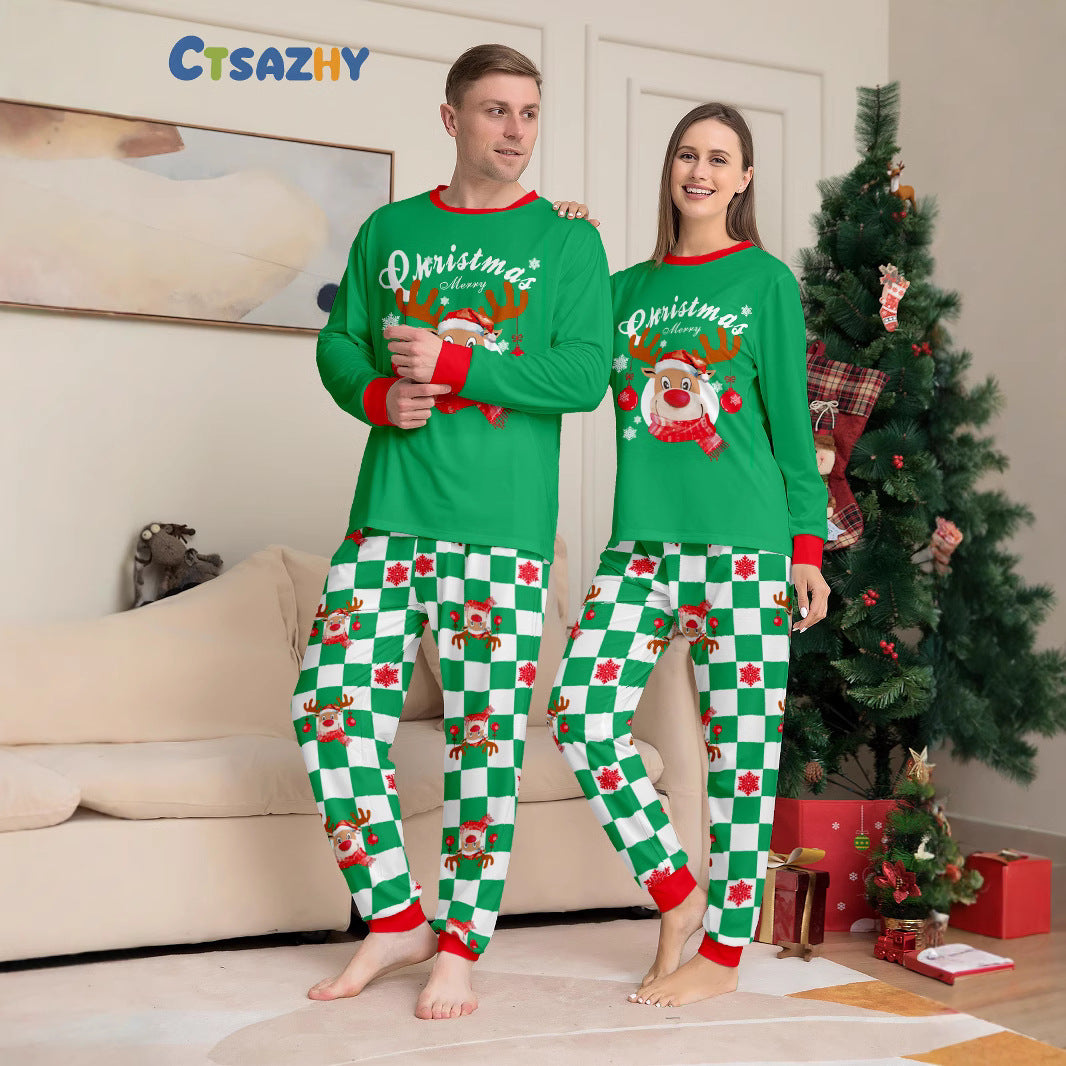 2024 Europe And The United States Cross-border New Christmas Fawn Letter Plaid Christmas Parent-child Printed Home Clothes Pajamas