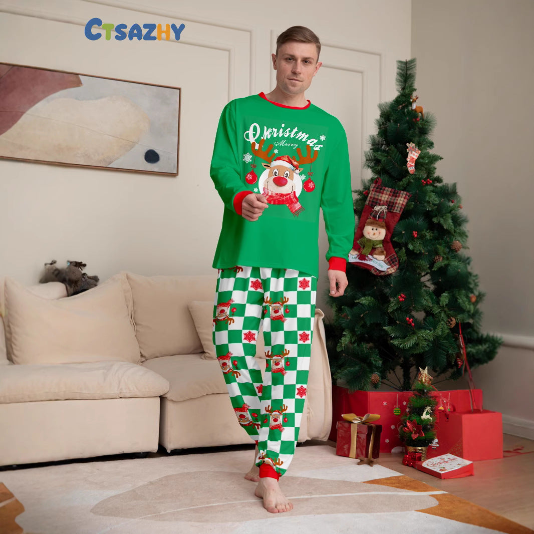 2024 Europe And The United States Cross-border New Christmas Fawn Letter Plaid Christmas Parent-child Printed Home Clothes Pajamas