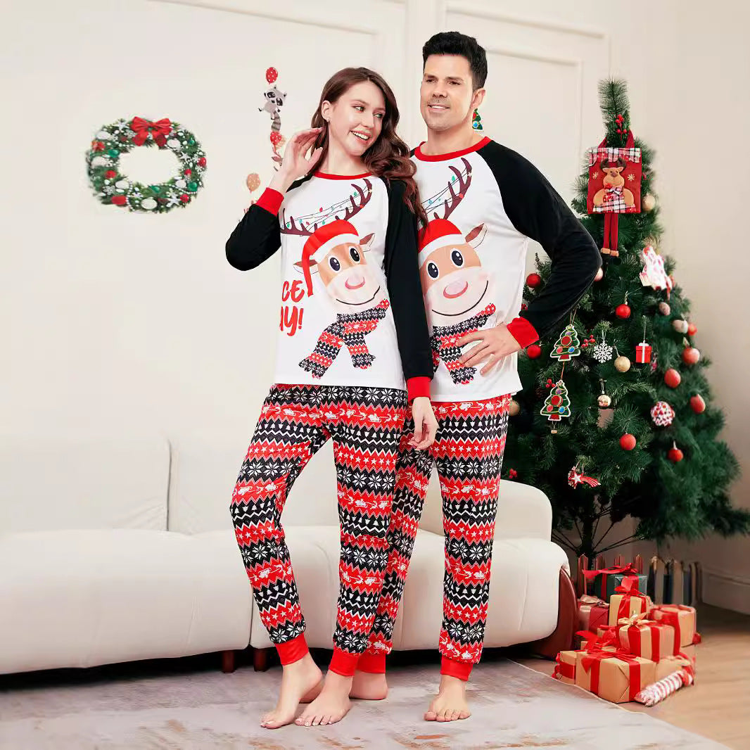 2024 Europe And The United States Cross-border New Christmas Fawn Letter Striped Christmas Parent-child Printed Home Clothes Pajamas