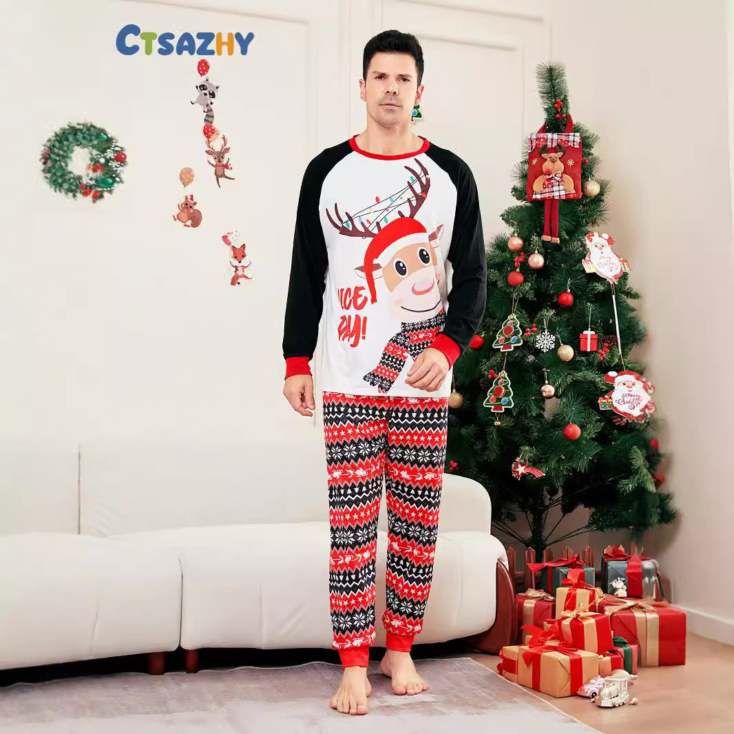 2024 Europe And The United States Cross-border New Christmas Fawn Letter Striped Christmas Parent-child Printed Home Clothes Pajamas