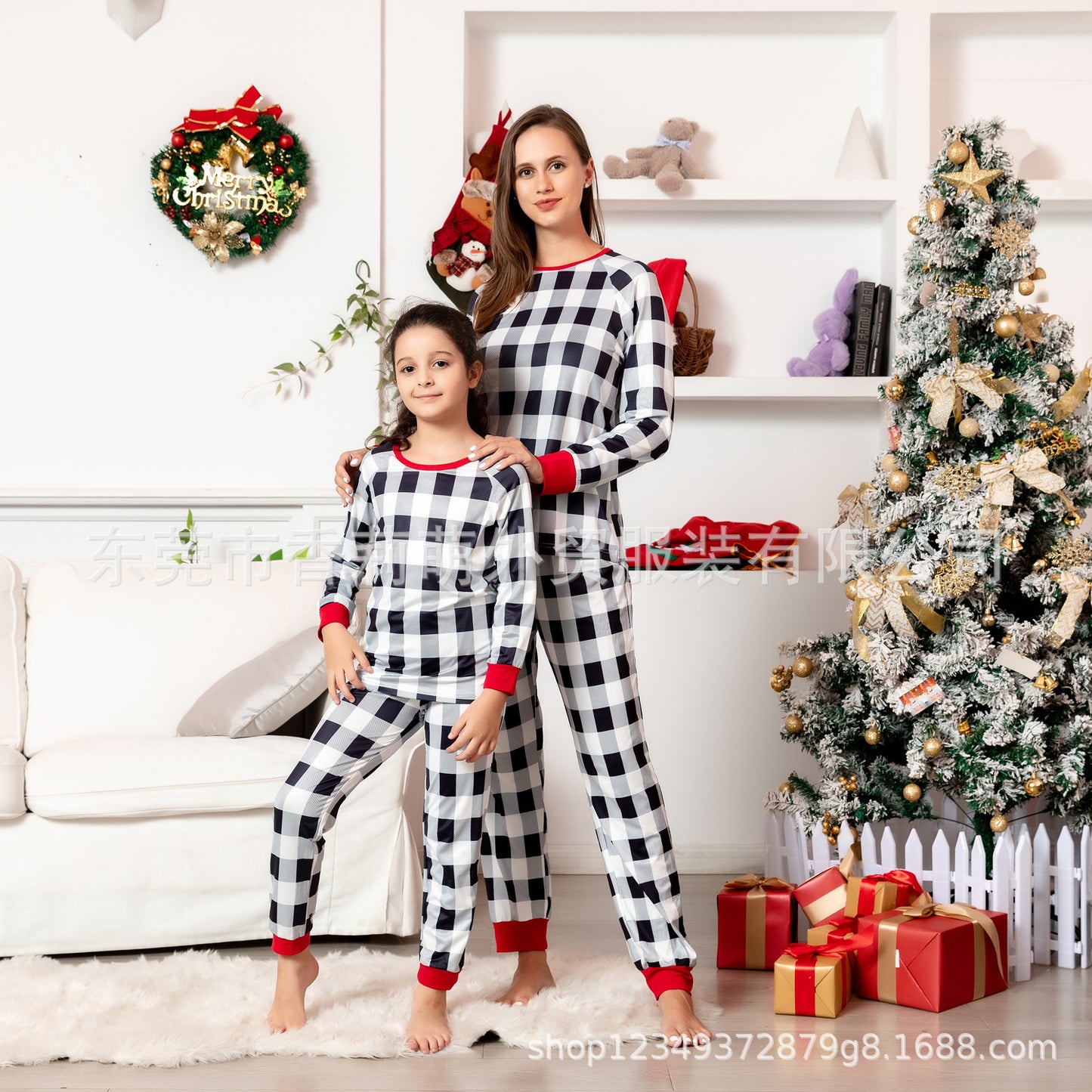 New Family Christmas Parent-child Pajamas Plaid White Family Four Seasons Style Home Clothes
