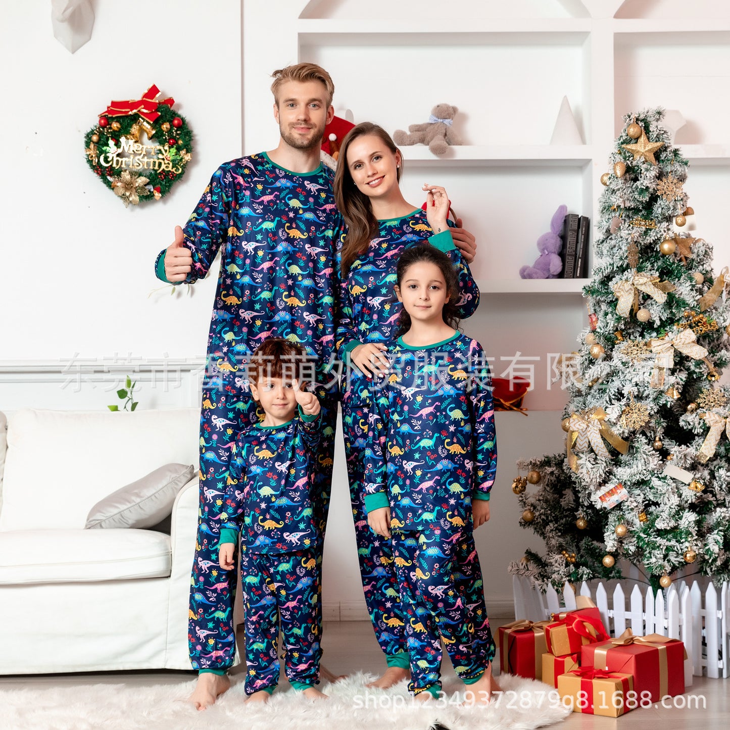 European And American New Parent-child Christmas Suits Parent-child Home Clothes Cartoon Dinosaur Printing Family Of Four Christmas Clothes