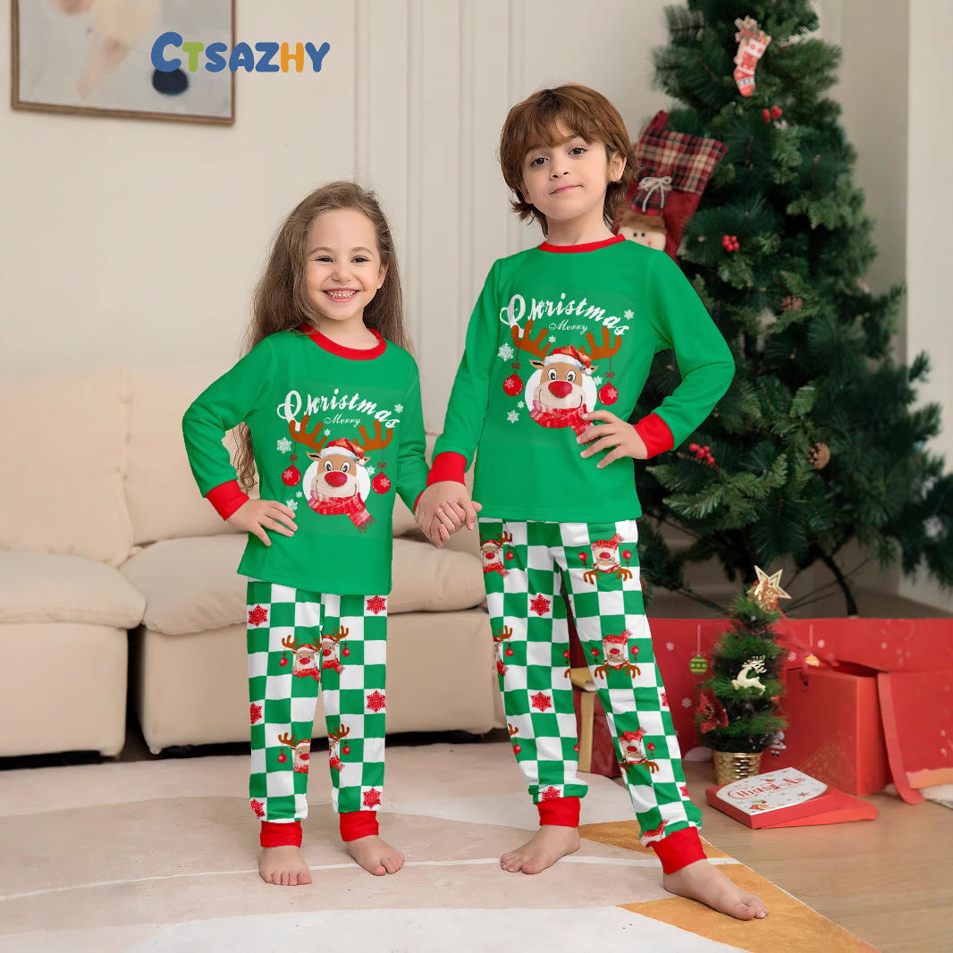 2024 Europe And The United States Cross-border New Christmas Fawn Letter Plaid Christmas Parent-child Printed Home Clothes Pajamas