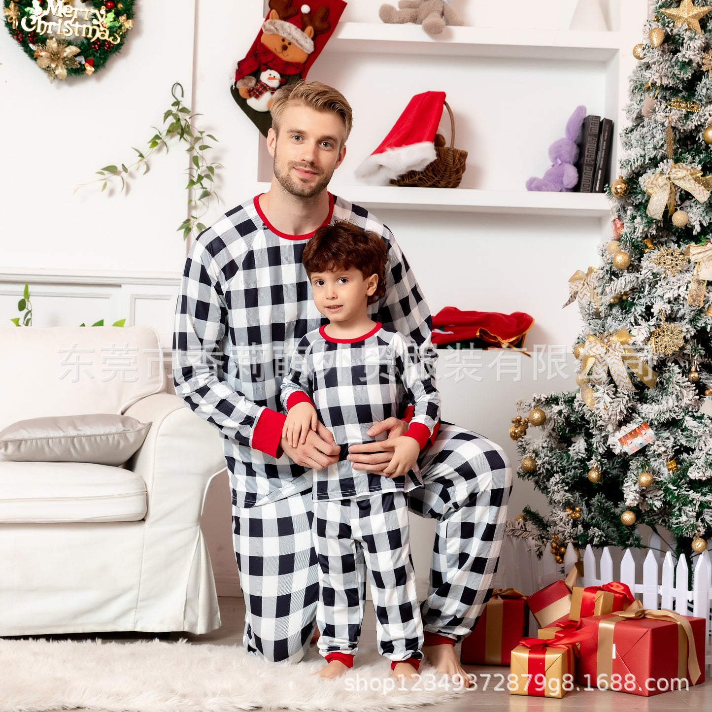 New Family Christmas Parent-child Pajamas Plaid White Family Four Seasons Style Home Clothes