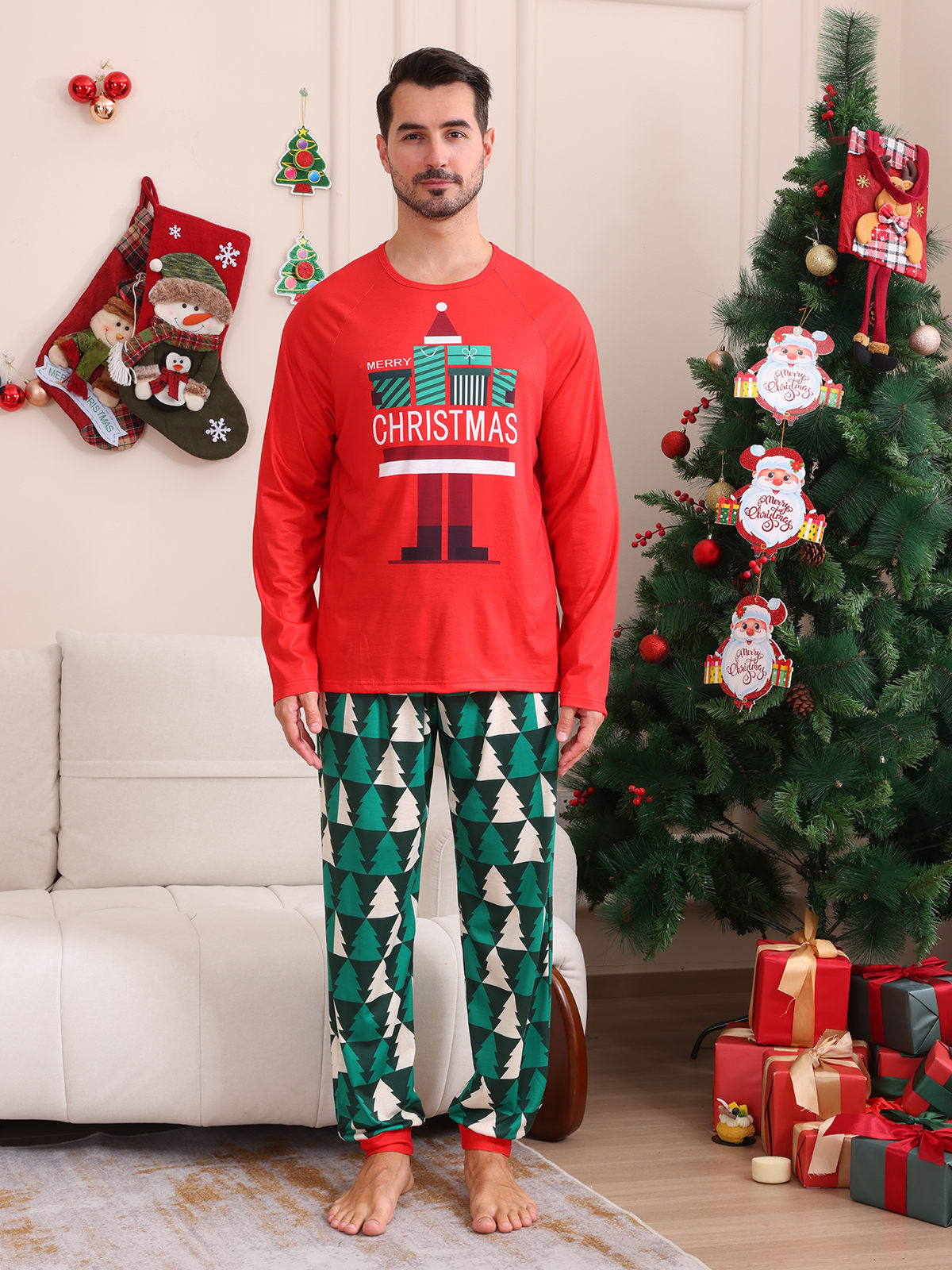 2024 Autumn And Winter Cross-border European And American Boys And Girls Women's Clothing Men's Long Sleeve Trousers New Cross-border Christmas Family Suit