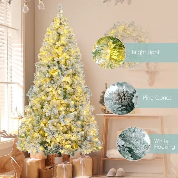 6FT Snow Flocked Christmas Tree Pre Lit Set With Tree Garland Wreath,Artificial Hinged Xmas Tree With Colorful LED Lights8 Lighting Modes, Pine Cones