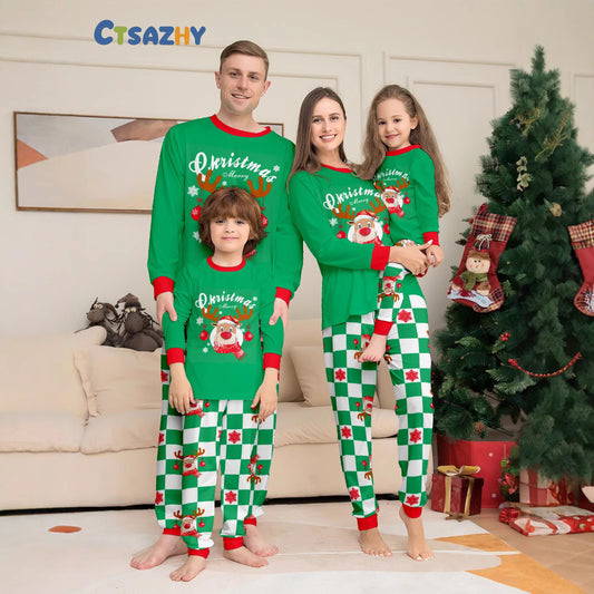 2024 Europe And The United States Cross-border New Christmas Fawn Letter Plaid Christmas Parent-child Printed Home Clothes Pajamas