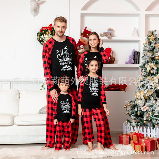 2025 New Letter Printing Plaid Christmas Home Clothes Family Parent-child Suit