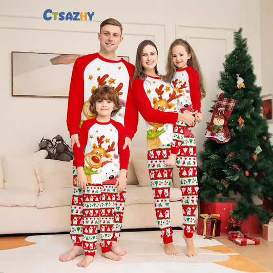2024 European And American Cross-border New Christmas Fawn Snowflake Bear Christmas Parin-child Clothes Printed Home Clothes Pajamas