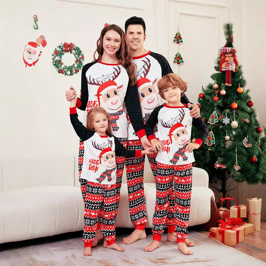 2024 Europe And The United States Cross-border New Christmas Fawn Letter Striped Christmas Parent-child Printed Home Clothes Pajamas