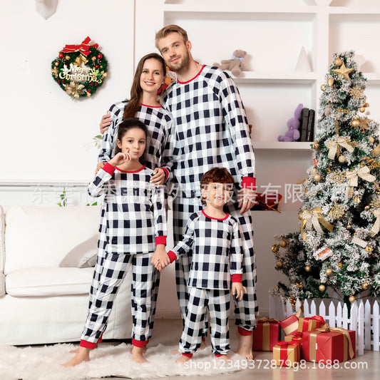 New Family Christmas Parent-child Pajamas Plaid White Family Four Seasons Style Home Clothes